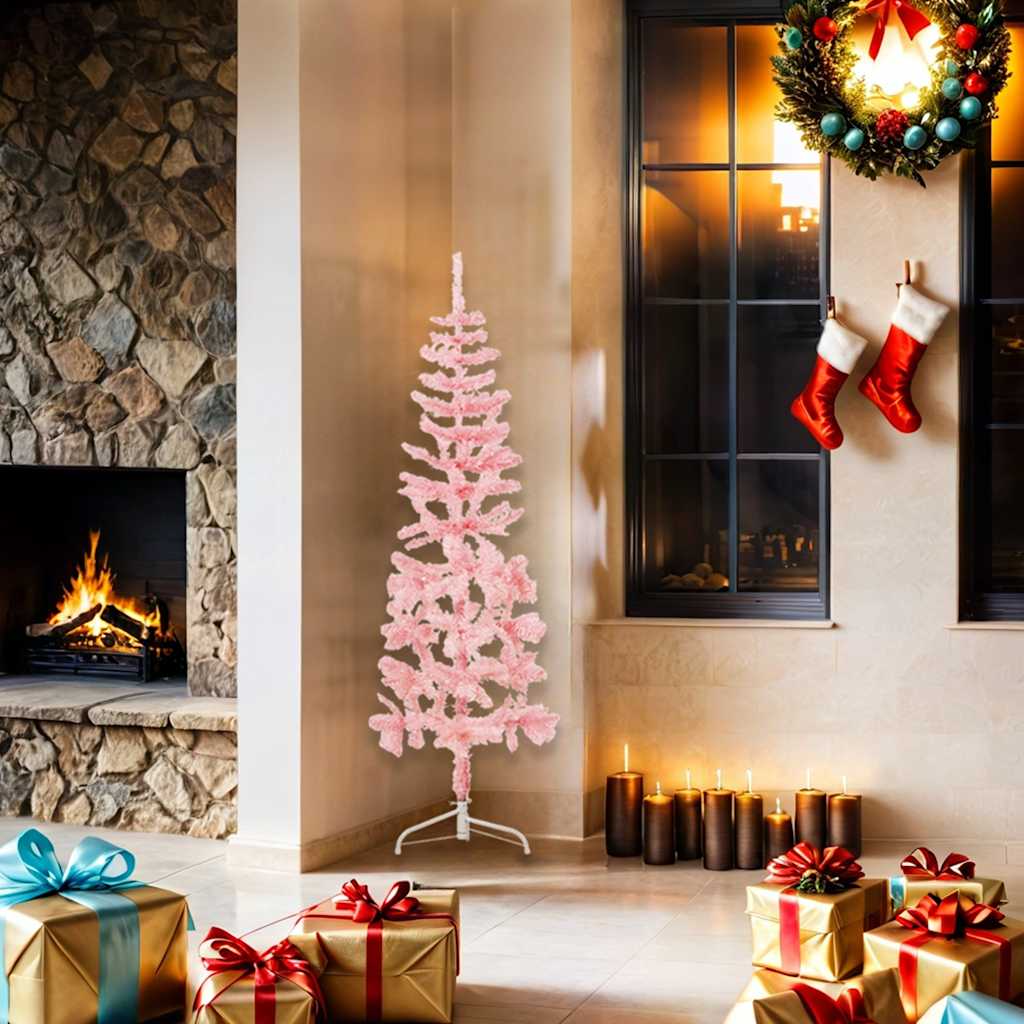Slim Artificial Half Christmas Tree with Stand Pink 5 ft